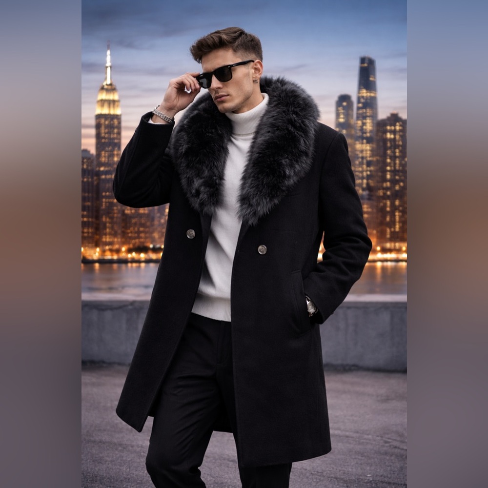 💎 Glitz Beaute Skyline Noir Fur Detached Collar Wool Jacket